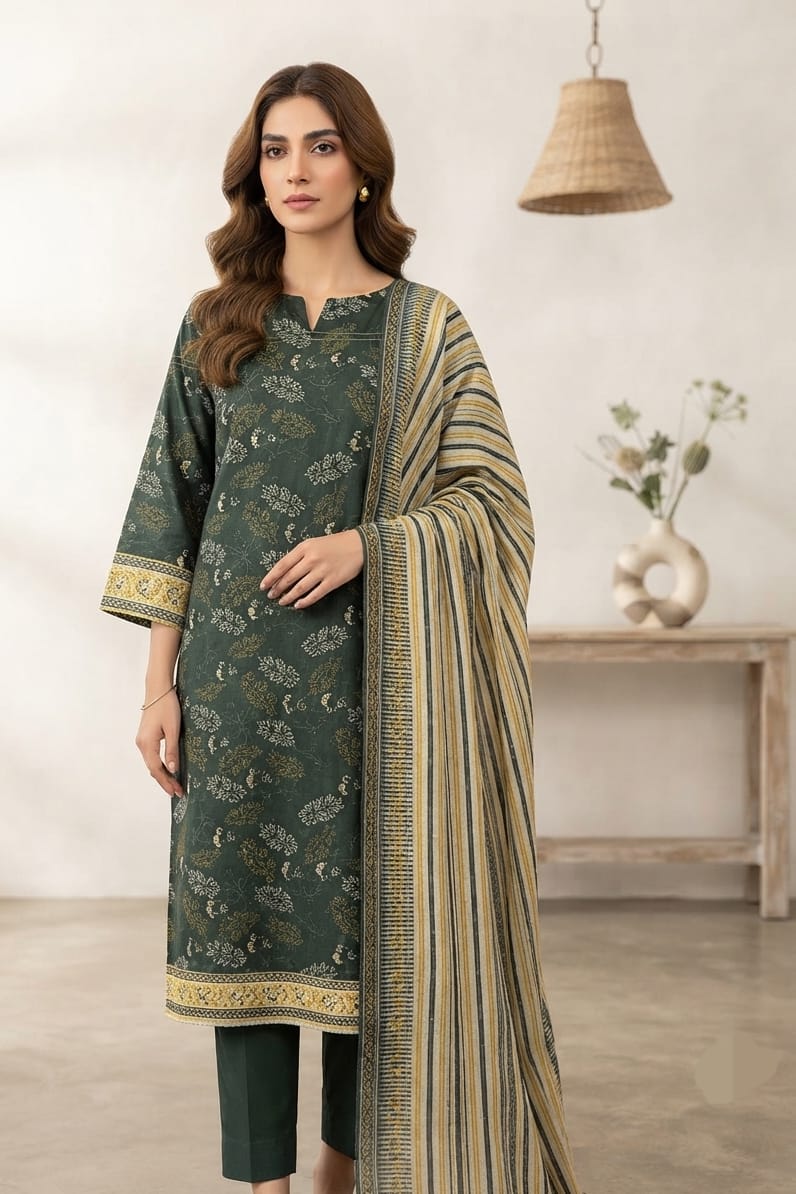 Mizaj Hoorain Unstitched Printed Khaddar 3pc
