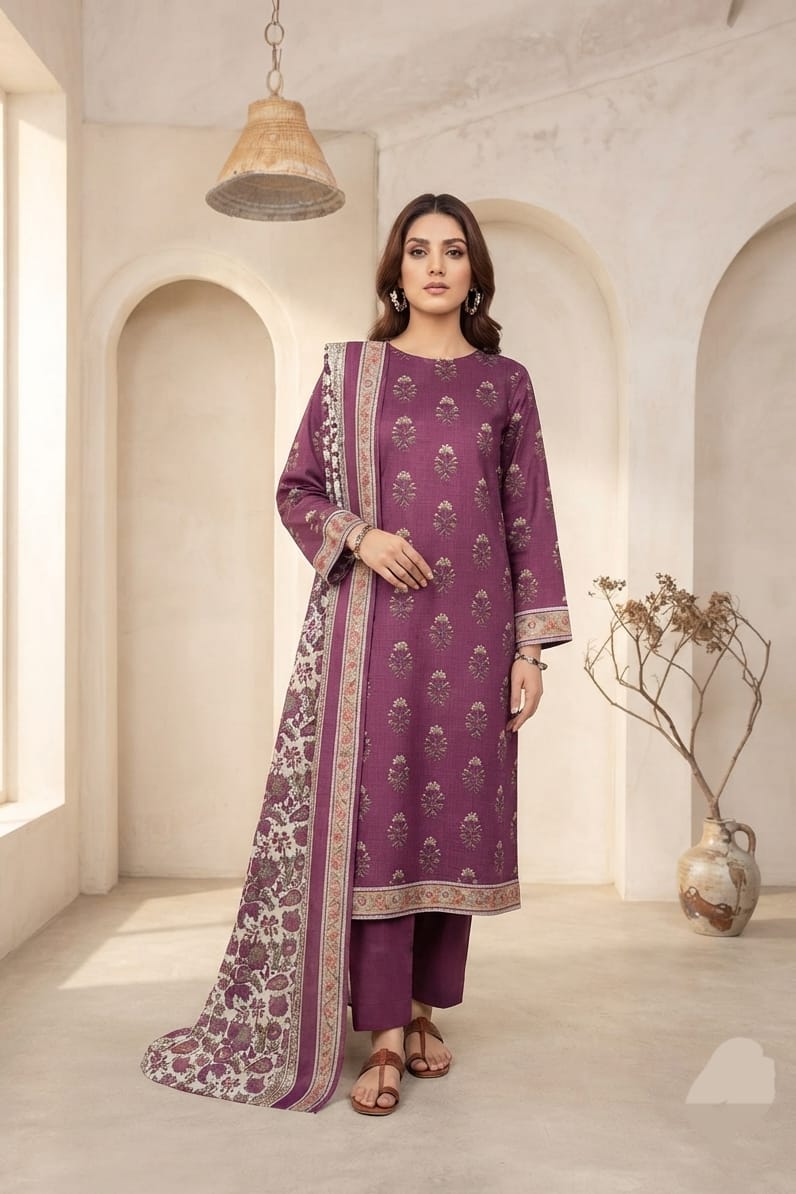 Mizaj Hoorain Unstitched Printed Khaddar 3pc