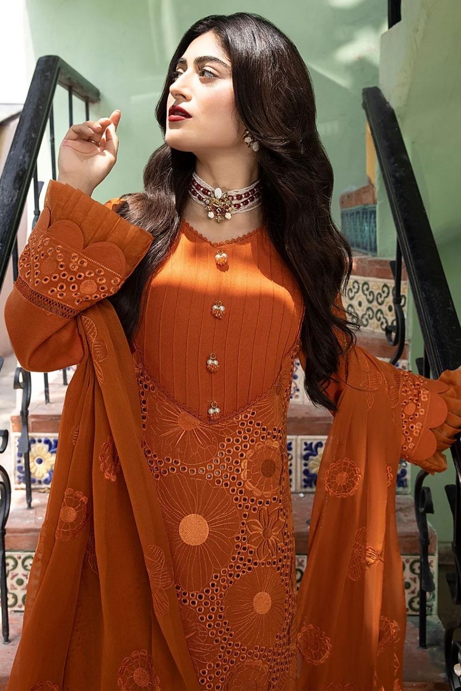 Mahnur-Embroidered Karandi-Orange-3PC - Branded Cut Pieces