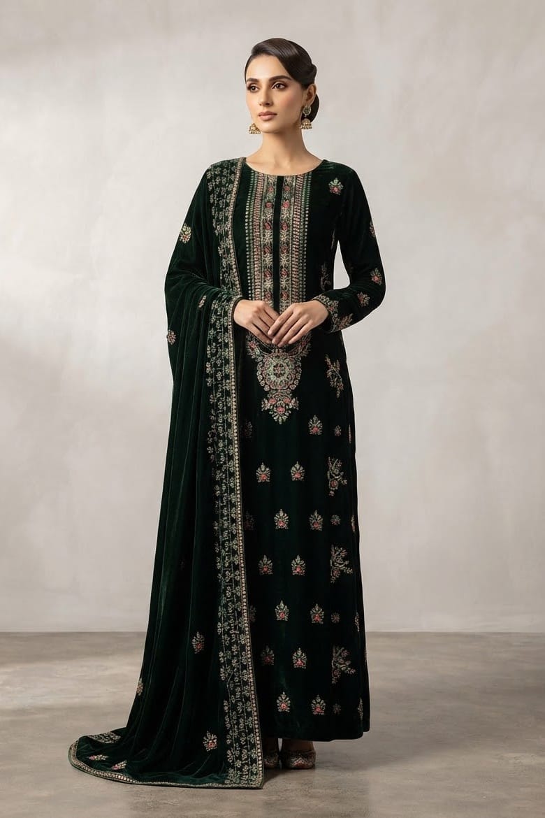 Premium Unstitched Embroidered Velvet 3pc