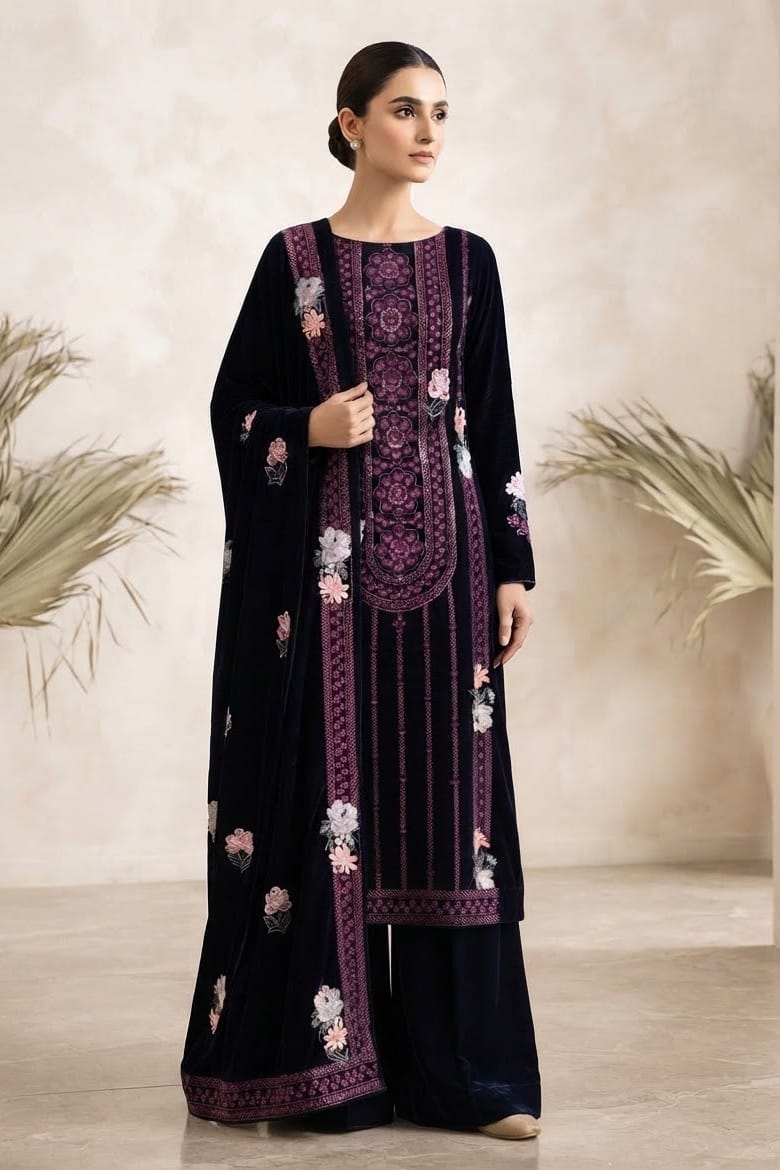 Premium Unstitched Embroidered Velvet 3pc