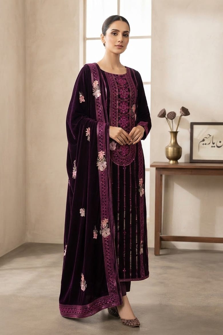 Premium Unstitched Embroidered Velvet 3pc