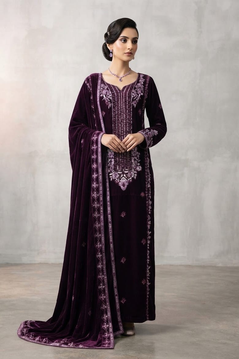 Premium Unstitched Embroidered Velvet 3pc