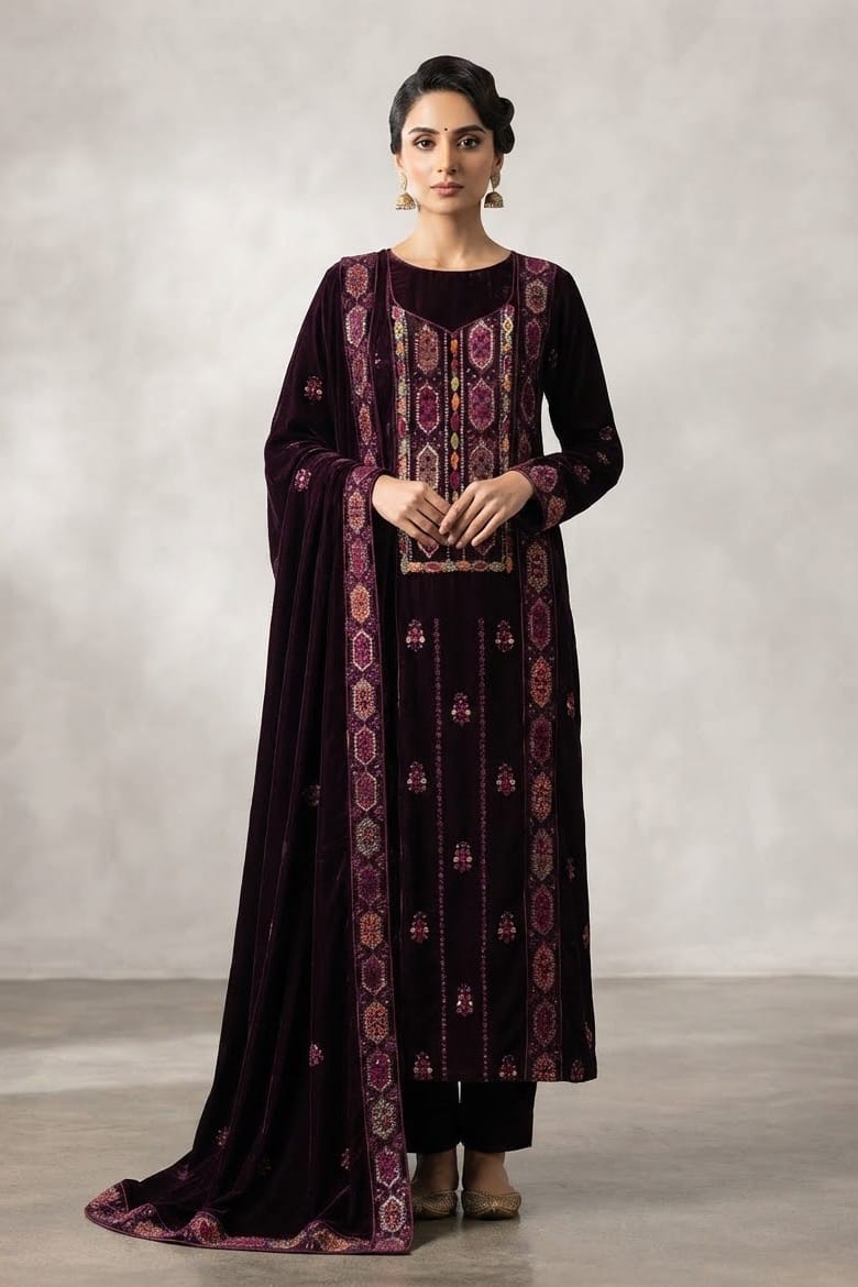 Premium Unstitched Embroidered Velvet 3pc