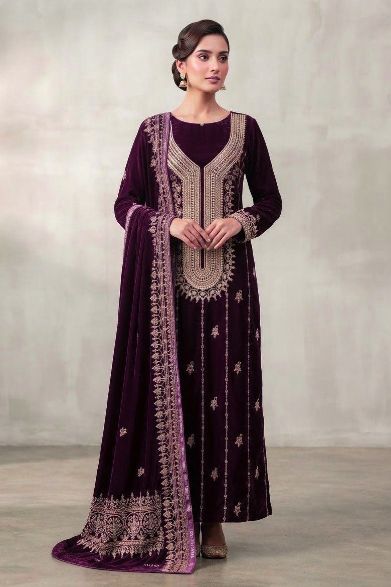 Premium Unstitched Embroidered Velvet 3pc
