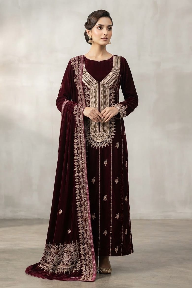 Premium Unstitched Embroidered Velvet 3pc