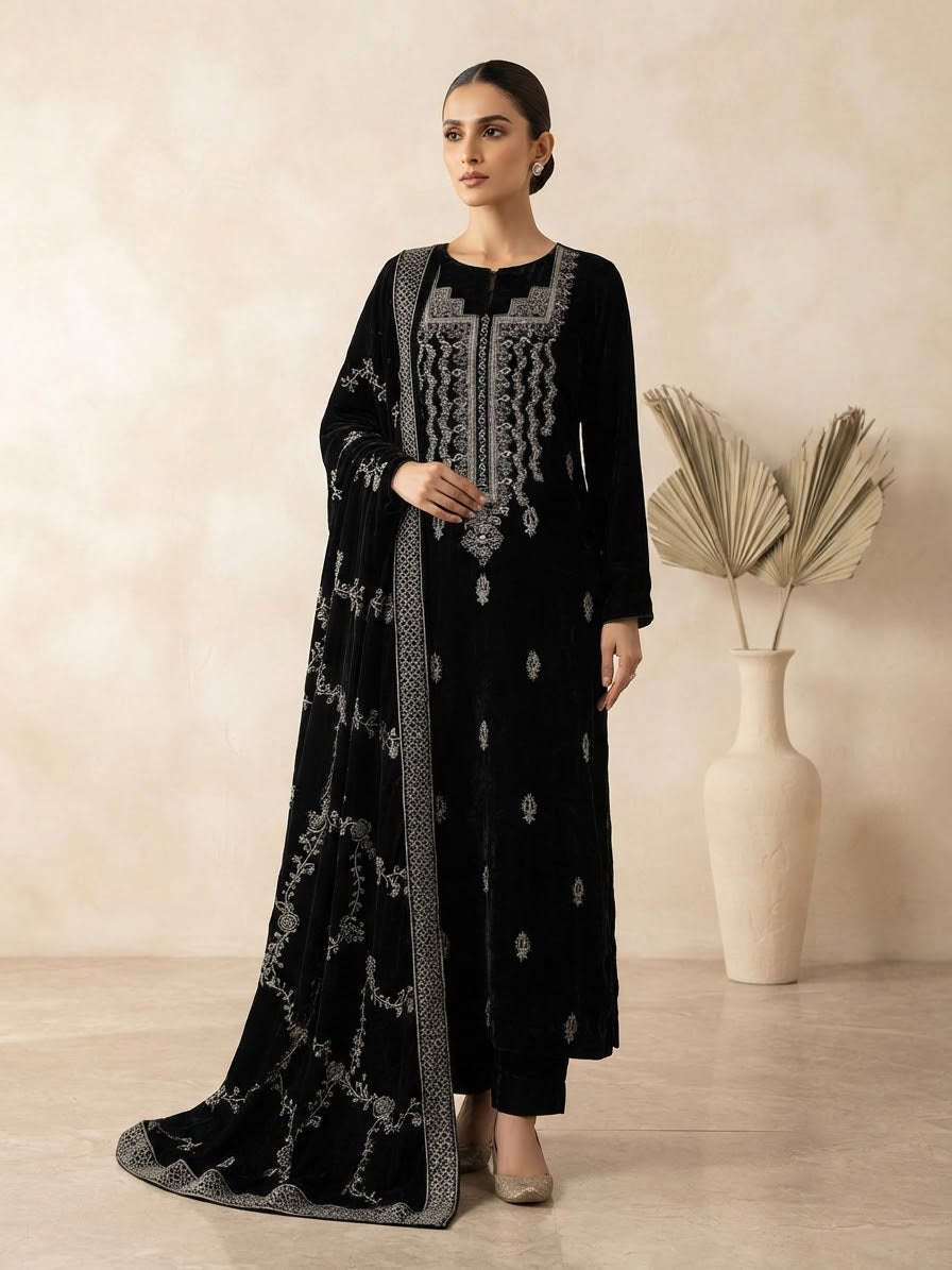 Premium Unstitched Embroidered Velvet 3pc