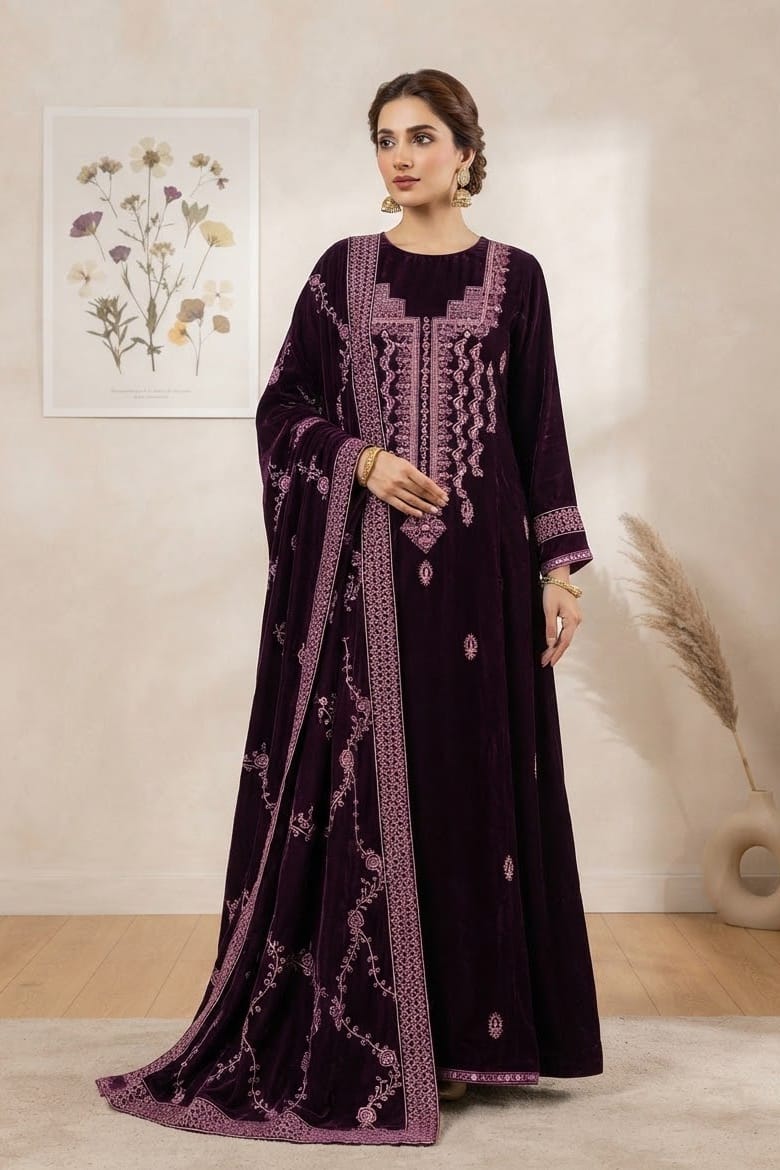 Premium Unstitched Embroidered Velvet 3pc