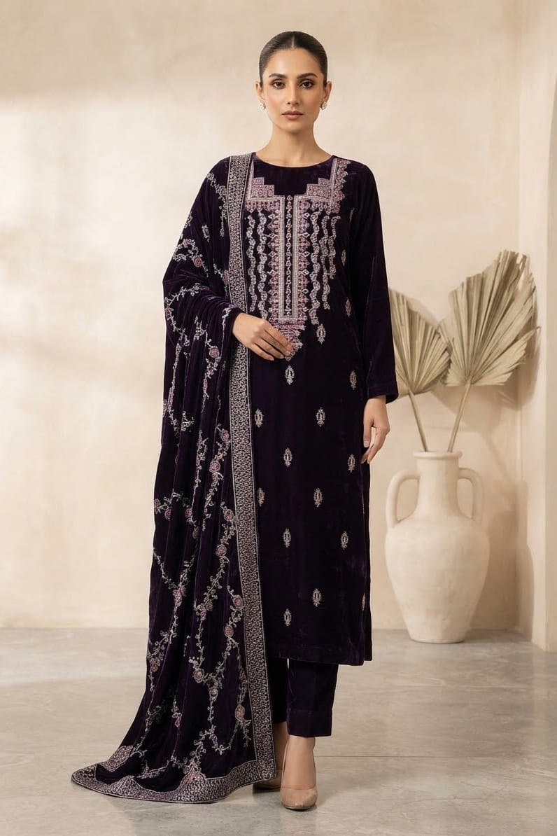 Premium Unstitched Embroidered Velvet 3pc