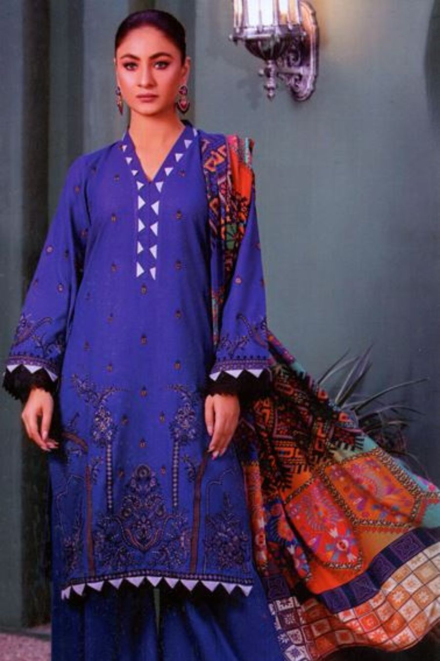 Noor Jahan(Crimson)-Embroidered Royan Peach-Blue-3PC - Branded Cut Pieces