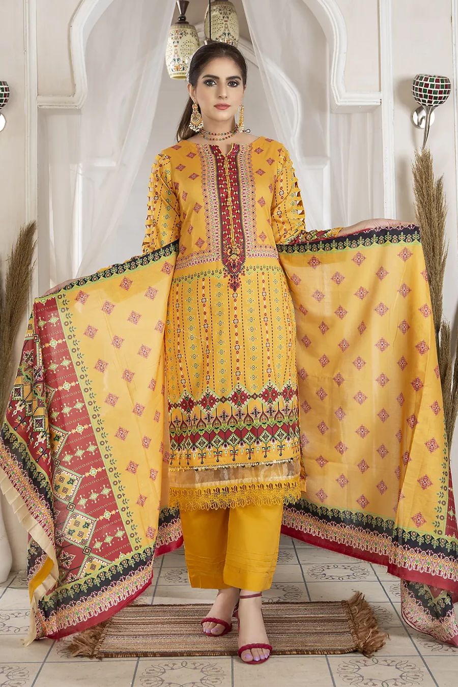 Digital Printed Lawn-Mustard-3PC - Branded Cut Pieces