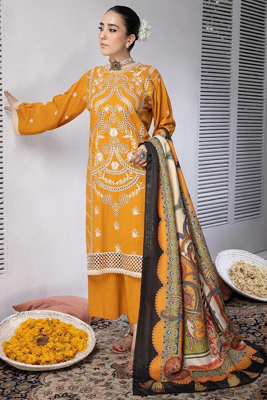 Mahnur (Mehru)-Embroidered Slub Linen-Mustard-3PC - Branded Cut Pieces