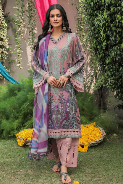 Embroidered Textured Lawn-Mauve-3PC - Branded Cut Pieces