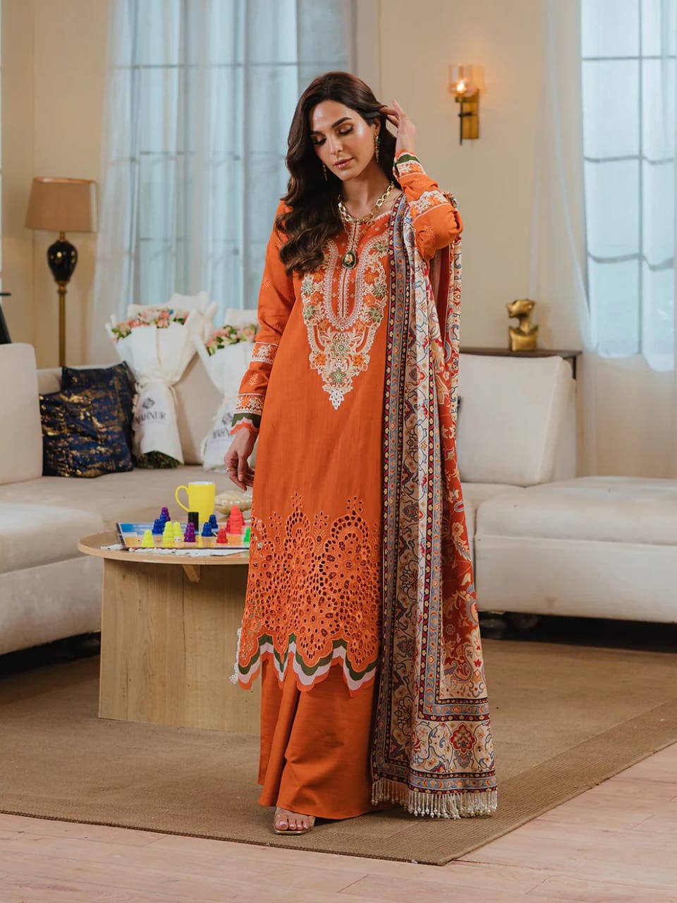 Mahnur Stella Embroidered Luxury Khaddar 3pc - Branded Cut Pieces