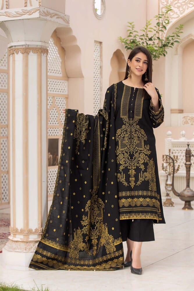 Zainab-Digital Printed Dyed Composed Jacquard Khaddar-Black-3PC - Branded Cut Pieces