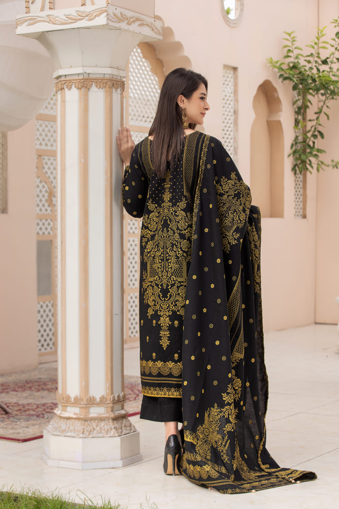 Zainab-Digital Printed Dyed Composed Jacquard Khaddar-Black-3PC - Branded Cut Pieces