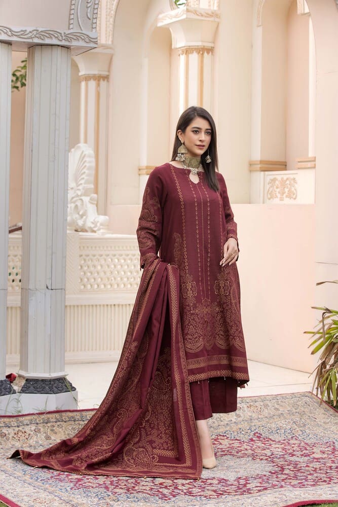 Zainab-Digital Printed Dyed Composed Jacquard Khaddar-Maroon-3PC - Branded Cut Pieces