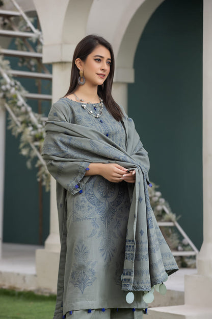 Zainab-Digital Printed Dyed Composed Jacquard Khaddar-Grey-3PC - Branded Cut Pieces