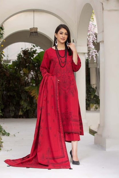 Zainab-Digital Printed Dyed Composed Jacquard Khaddar-Red-3PC - Branded Cut Pieces