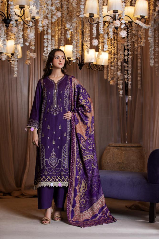 Jacquard-Embroidered Self Jacquard Khaddar-Purple-3PC
