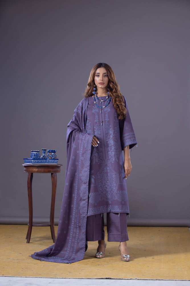 Hania&Minahil-Dyed Composed Jacquard Khaddar-Purple-3PC - Branded Cut Pieces