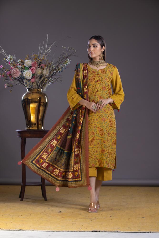 Jacquard-Embroidered Self Jacquard Khaddar-Mustard-3PC - Branded Cut Pieces