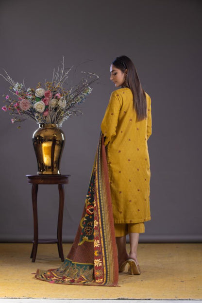 Jacquard-Embroidered Self Jacquard Khaddar-Mustard-3PC - Branded Cut Pieces