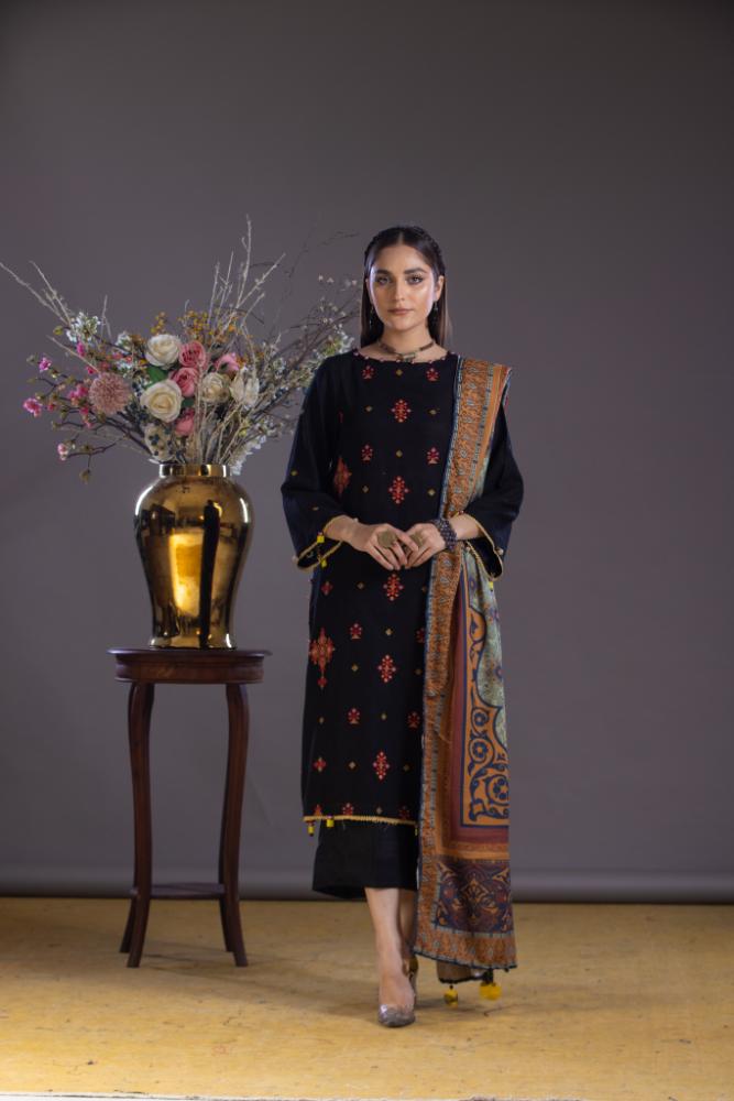 Jacquard-Embroidered Self Jacquard Khaddar-Black-3PC - Branded Cut Pieces