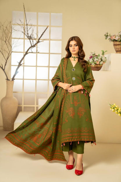 Soha Afreen-Digital Printed Composed Jacquard Khaddar-Green-3PC - Branded Cut Pieces