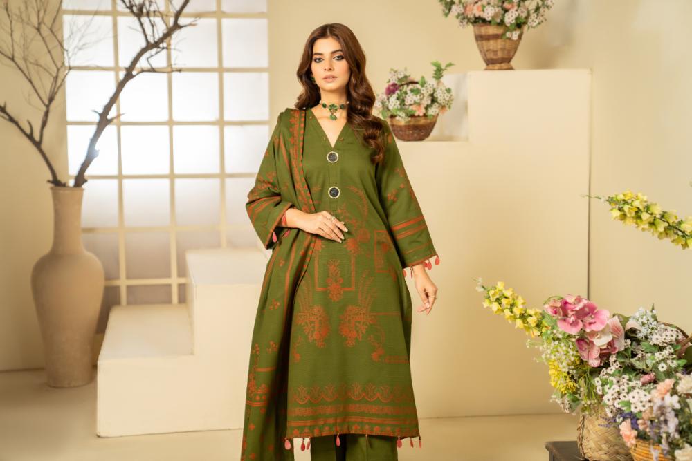 Soha Afreen-Digital Printed Composed Jacquard Khaddar-Green-3PC - Branded Cut Pieces