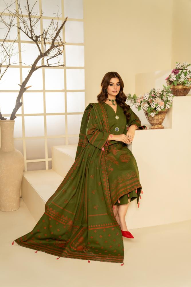 Soha Afreen-Digital Printed Composed Jacquard Khaddar-Green-3PC - Branded Cut Pieces