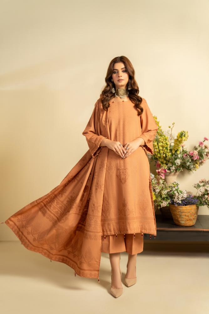 Soha Afreen-Digital Printed Composed Jacquard Khaddar-Rust-3PC - Branded Cut Pieces