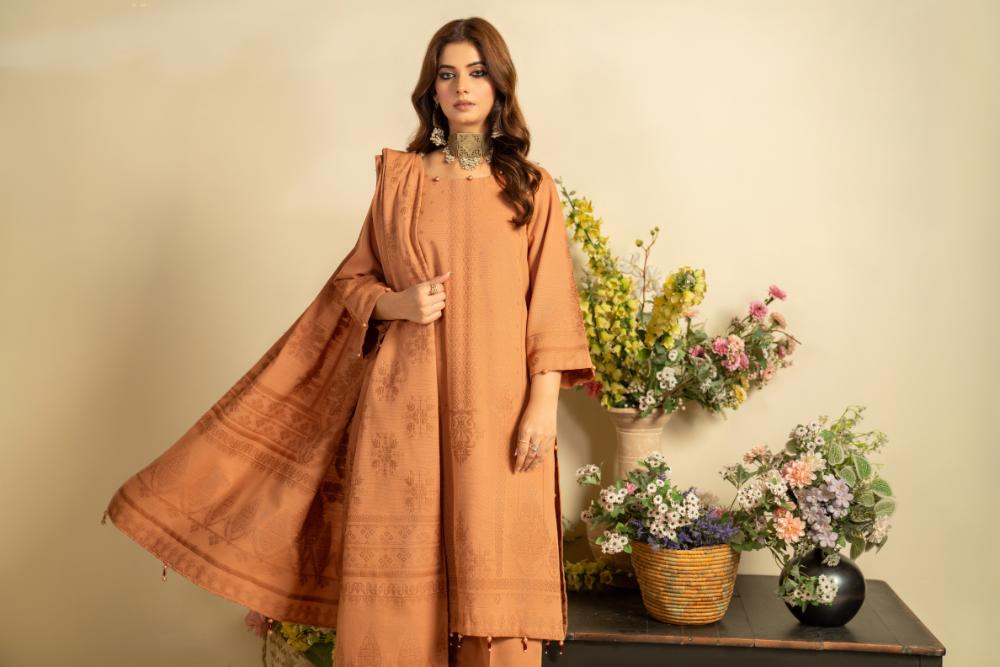 Soha Afreen-Digital Printed Composed Jacquard Khaddar-Rust-3PC - Branded Cut Pieces