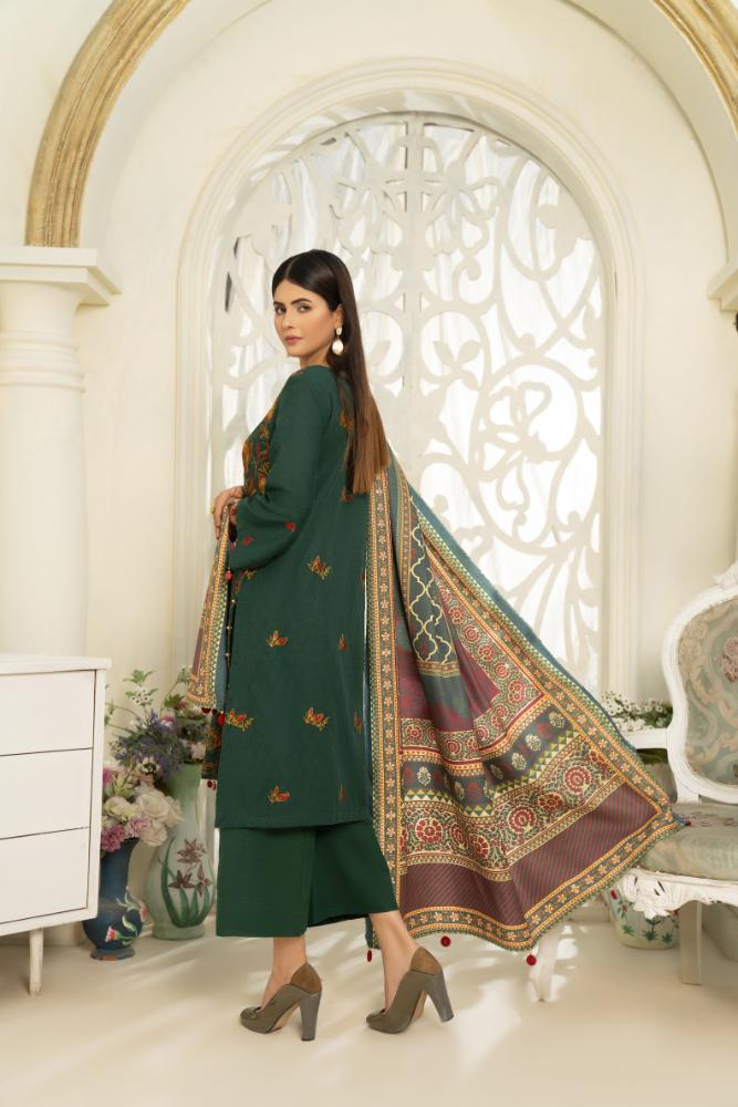 Hania&Minahil-Embroidered Self Jacquard Khaddar-Green-3PC