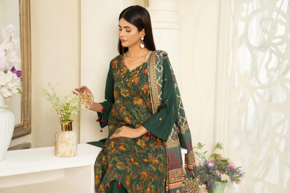 Hania&Minahil-Embroidered Self Jacquard Khaddar-Green-3PC
