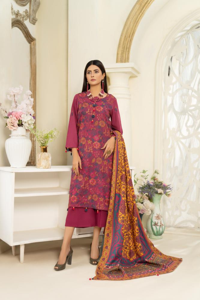 Hania&Minahil-Embroidered Self Jacquard Khaddar-Pink-3PC - Branded Cut Pieces