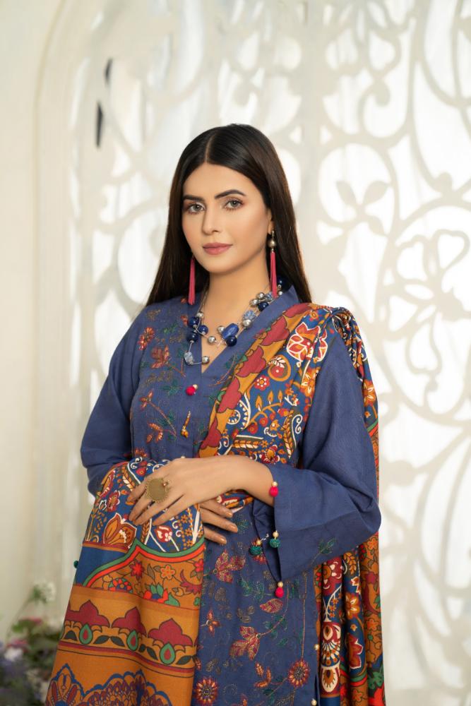 Hania&Minahil-Embroidered Self Jacquard Khaddar-Blue-3PC