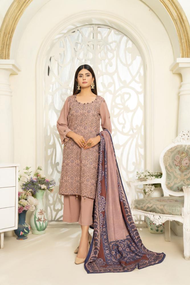 Hania&Minahil-Embroidered Self Jacquard Khaddar-Mauve-3PC - Branded Cut Pieces