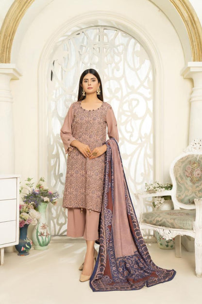 Hania&Minahil-Embroidered Self Jacquard Khaddar-Mauve-3PC - Branded Cut Pieces