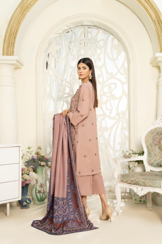 Hania&Minahil-Embroidered Self Jacquard Khaddar-Mauve-3PC - Branded Cut Pieces