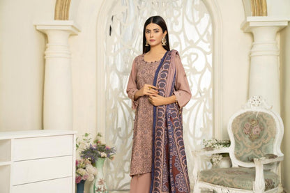 Hania&Minahil-Embroidered Self Jacquard Khaddar-Mauve-3PC - Branded Cut Pieces