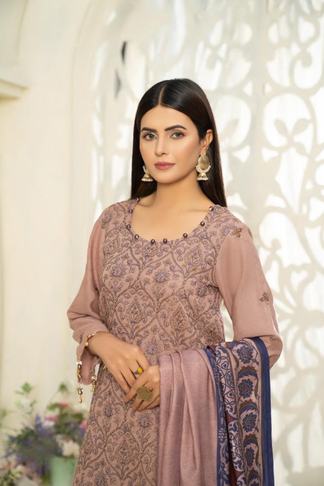 Hania&Minahil-Embroidered Self Jacquard Khaddar-Mauve-3PC - Branded Cut Pieces