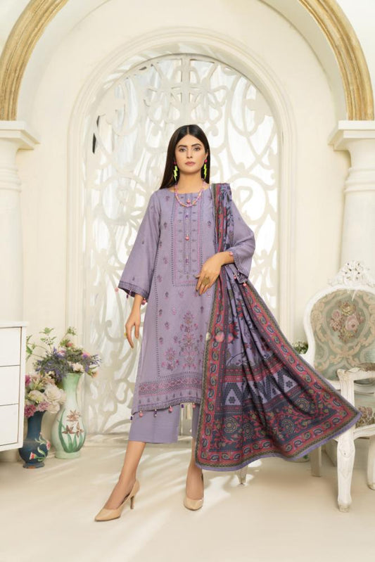 Hania&Minahil-Embroidered Self Jacquard Khaddar-L-Purple-3PC - Branded Cut Pieces