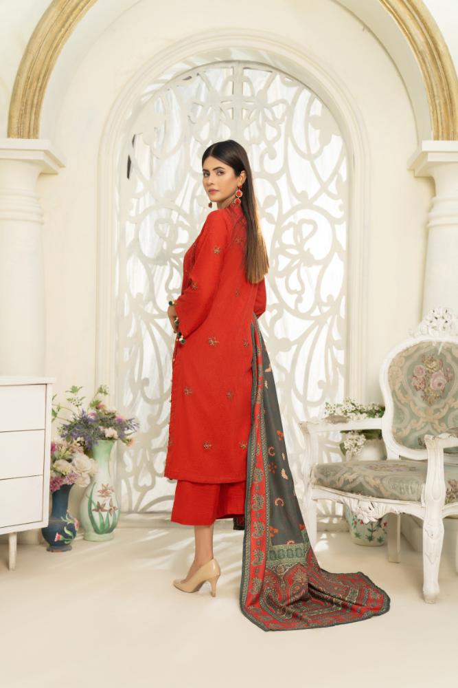 Hania&Minahil-Embroidered Self Jacquard Khaddar-Red-3PC