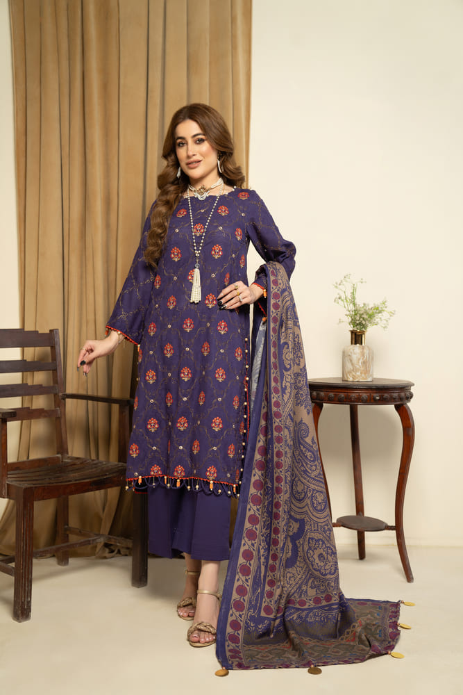 Safa Iman-Embroidered Self Jacquard-Blue-3PC - Branded Cut Pieces