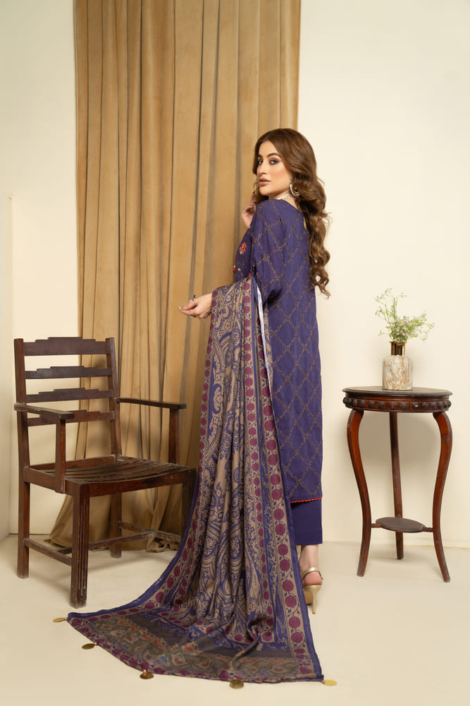 Safa Iman-Embroidered Self Jacquard-Blue-3PC - Branded Cut Pieces