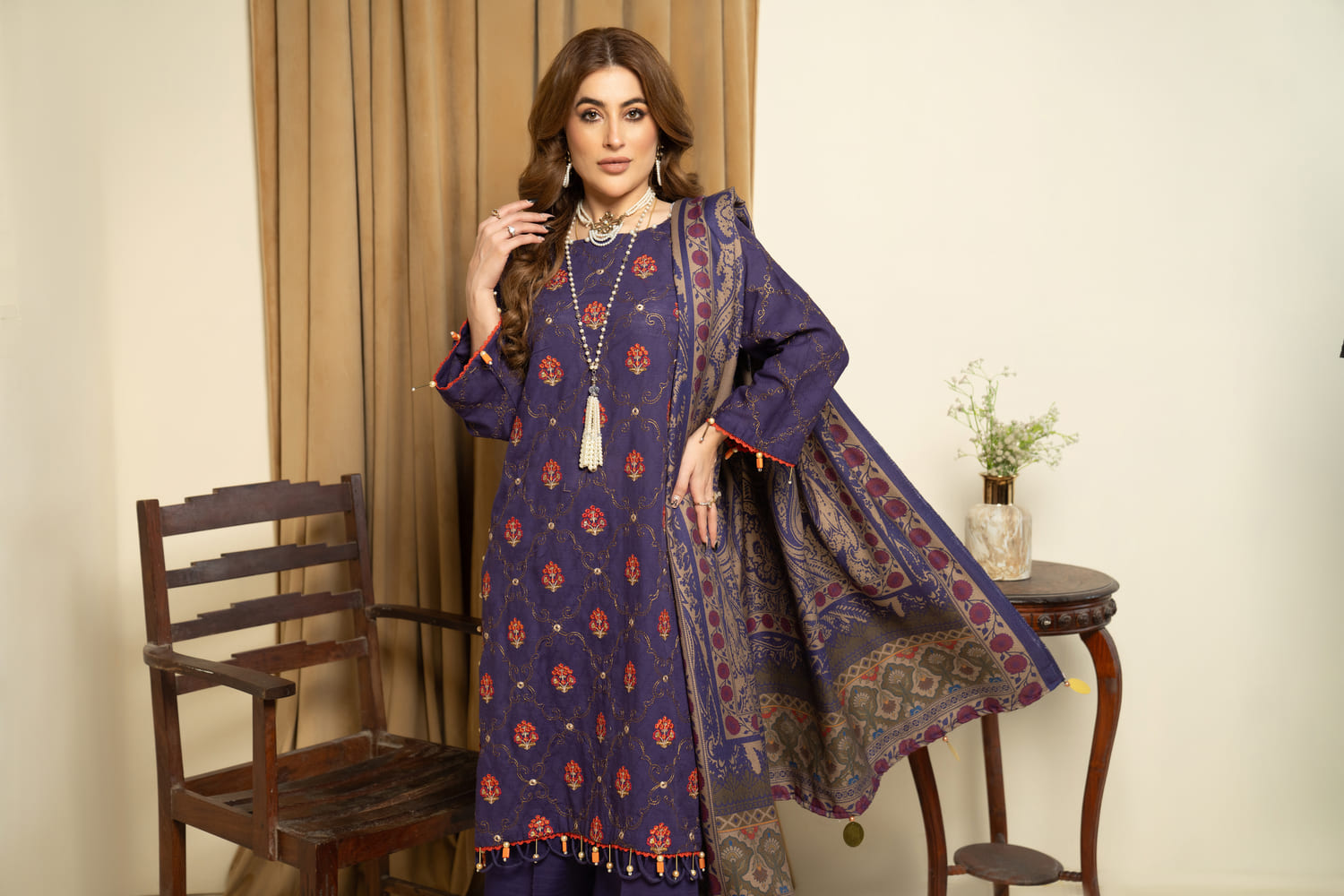 Safa Iman-Embroidered Self Jacquard-Blue-3PC - Branded Cut Pieces