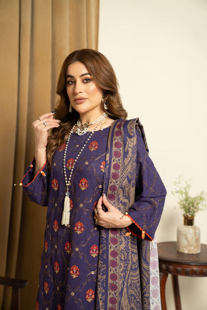 Safa Iman-Embroidered Self Jacquard-Blue-3PC - Branded Cut Pieces