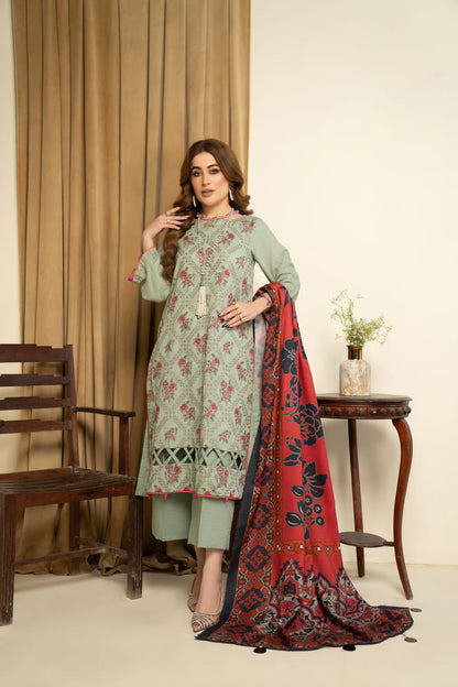 Safa Iman-Embroidered Self Jacquard-Pistachio-3PC - Branded Cut Pieces