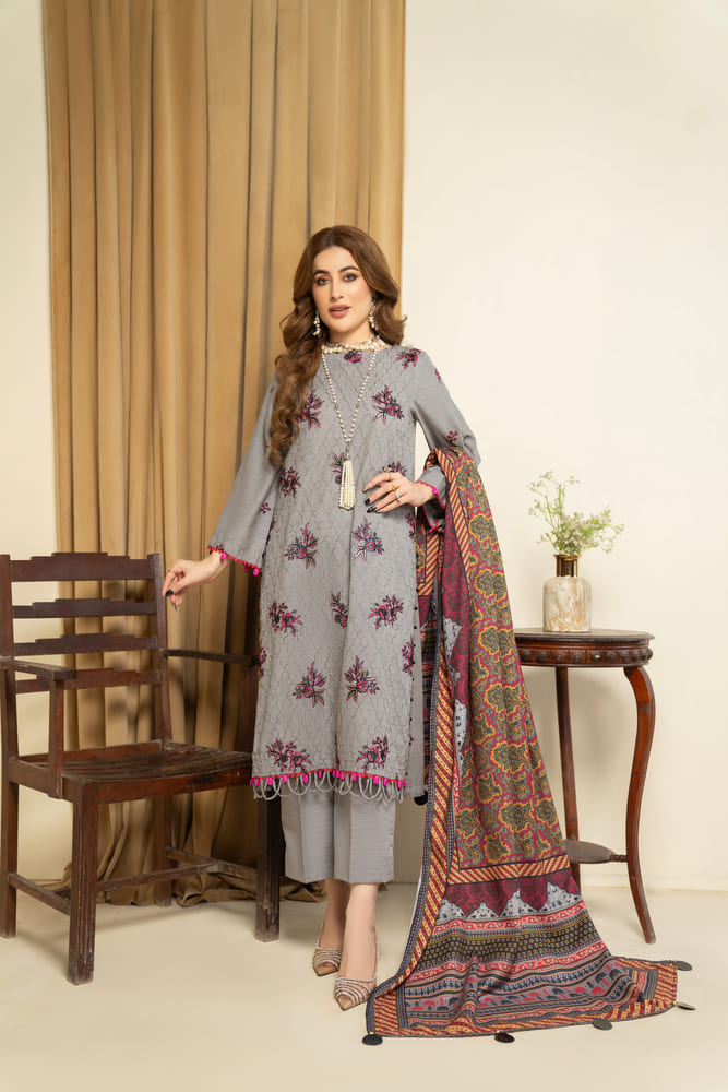 Safa Iman-Embroidered Self Jacquard-Grey-3PC - Branded Cut Pieces